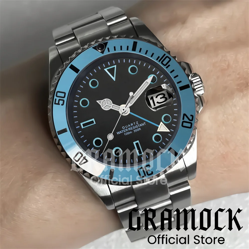 Gramock 40MM GMT Watch For Men Sky Blue Ceramic Bezel Steel Oyster Strap Men's Watches Sapphire Glass Waterproof Reloj Hombre