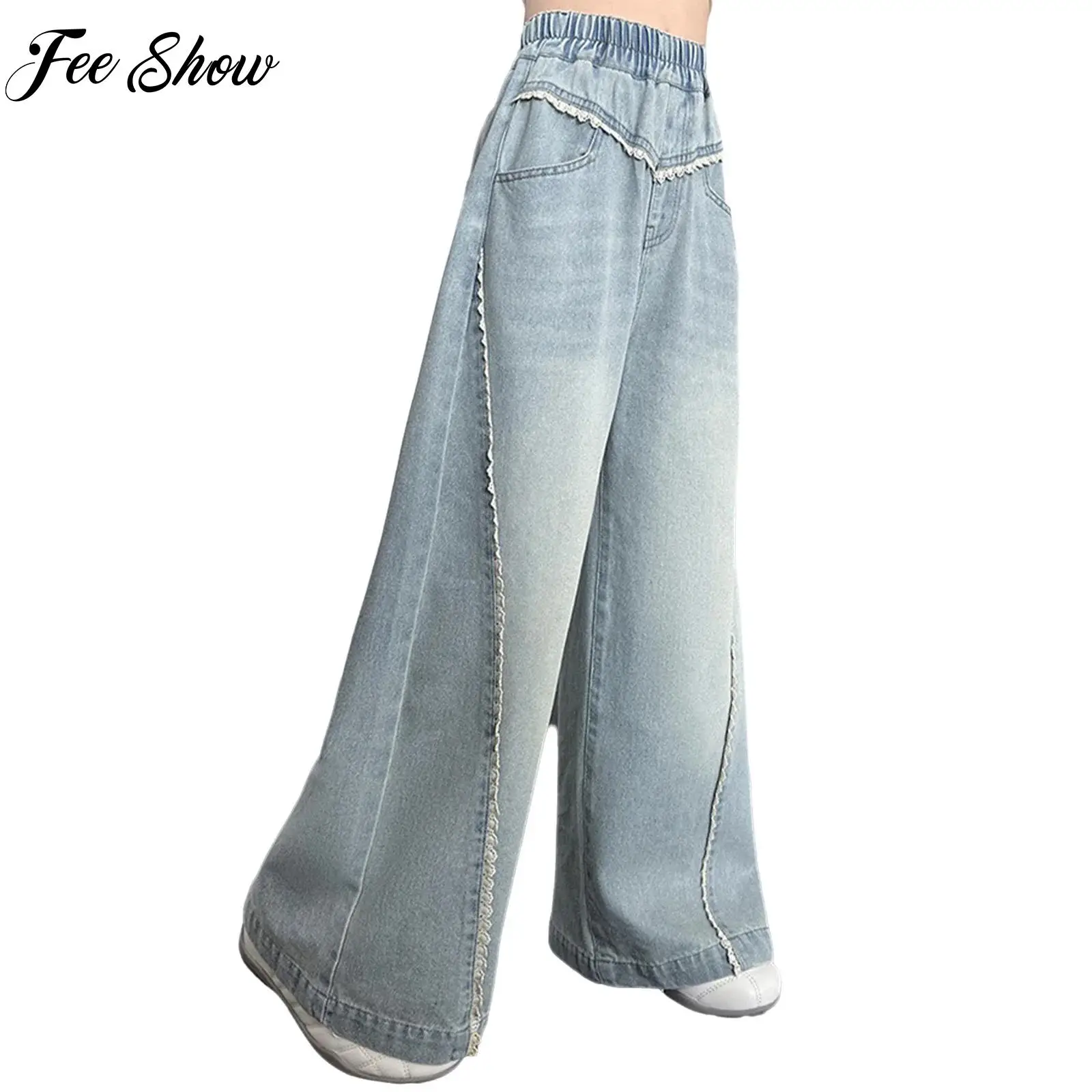 

Kids Girls Denim Lace Trim Baggy Jeans Pants High Waist Wide-Leg Pants with Pocket for Party Vacation Travel Picnic