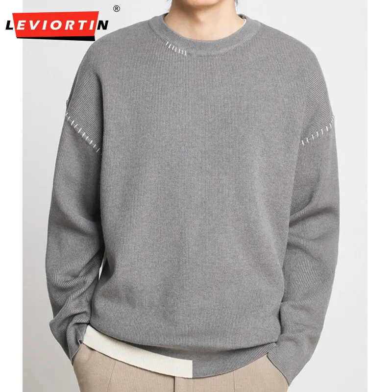 LEVIORTIN Autumn Fashion Men's Sweatshirts Casual Round Collarr Fake Two-piece Patchwork Contrast Color Male Loose Clothing