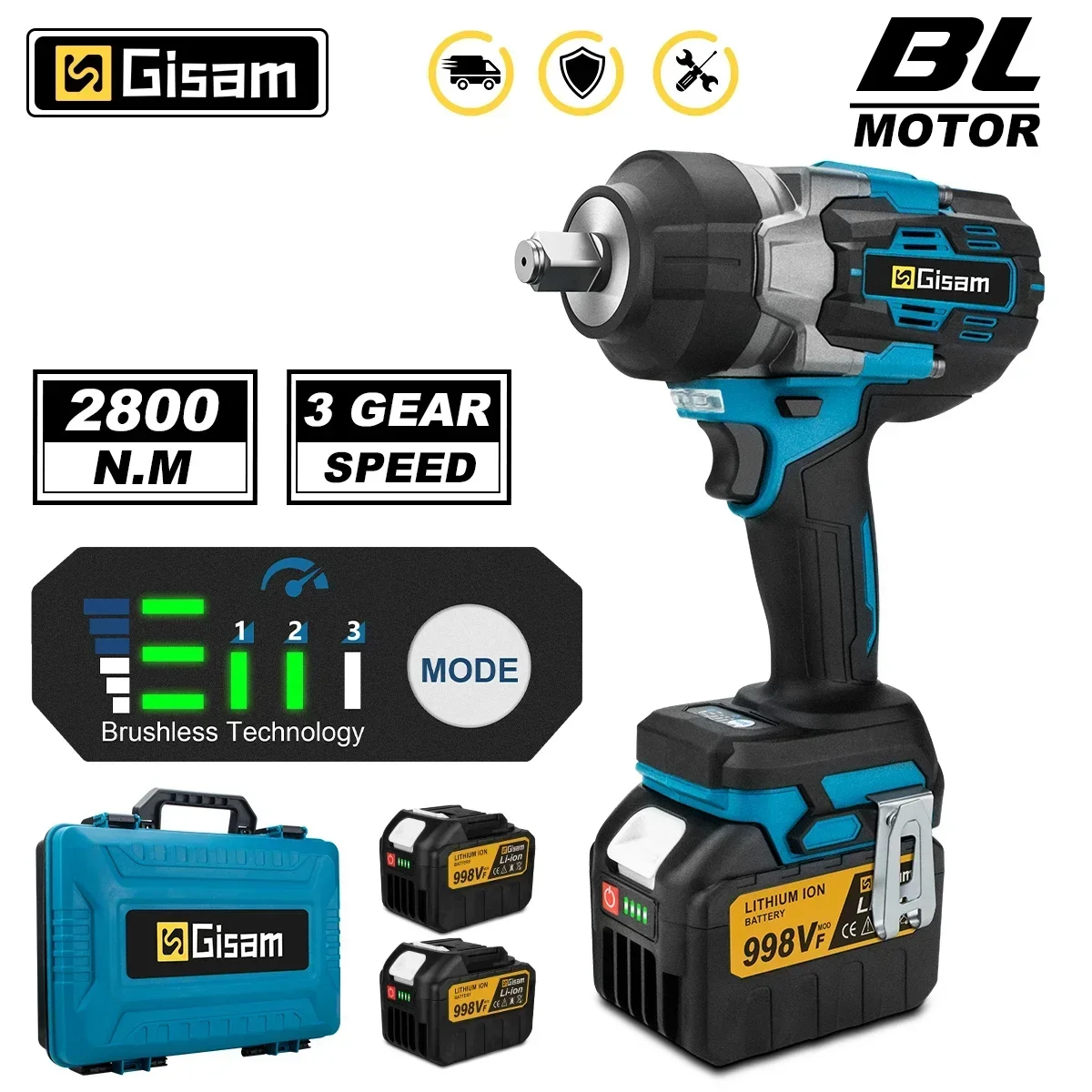 Gisam 2800N.M Brushless Electric Impact Wrench 1/2 Inch Cordless Impact Wrench Screwdriver Power Tool For Makita 18V Battery