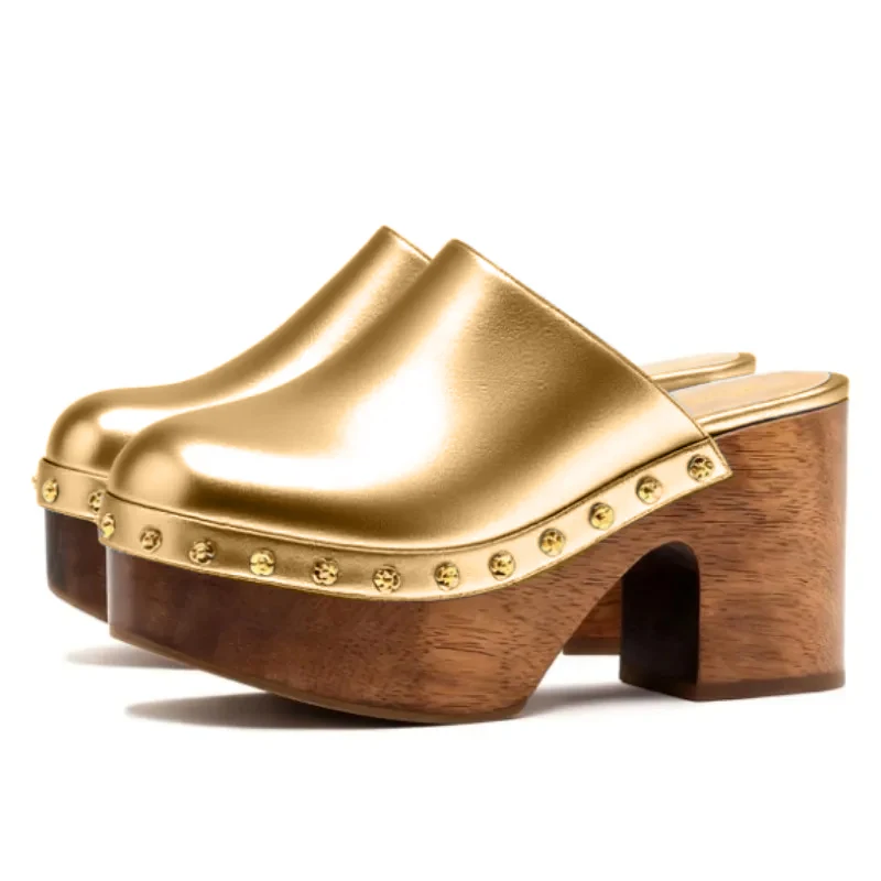 DIZHUANG Fashionable women's high-heeled slippers. Golden leather slippers. About 11cm heel height. Closed toe slippers. 34-46