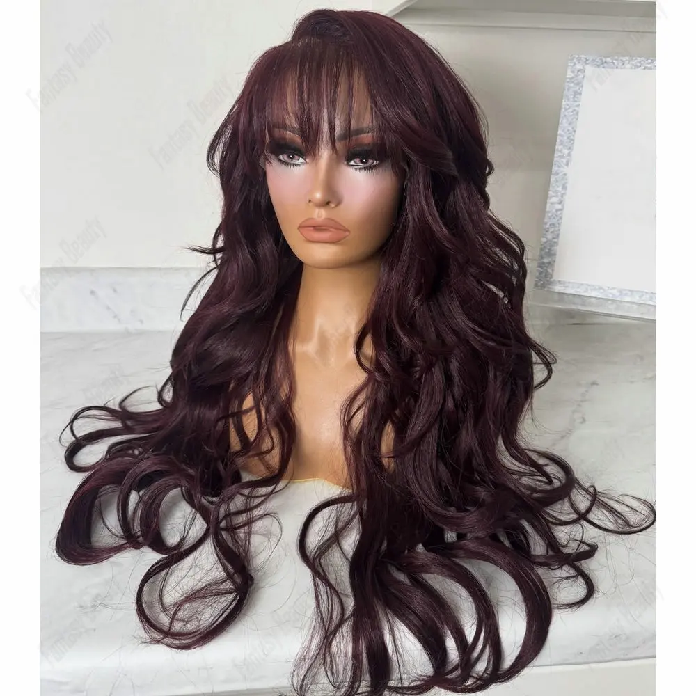 Full Lace Wigs Human Hair For Black Women Side Part With Bangs Burgundy Red Loose Wavy Glueless 5x5 HD Lace Wig13x6 Lace Wigs