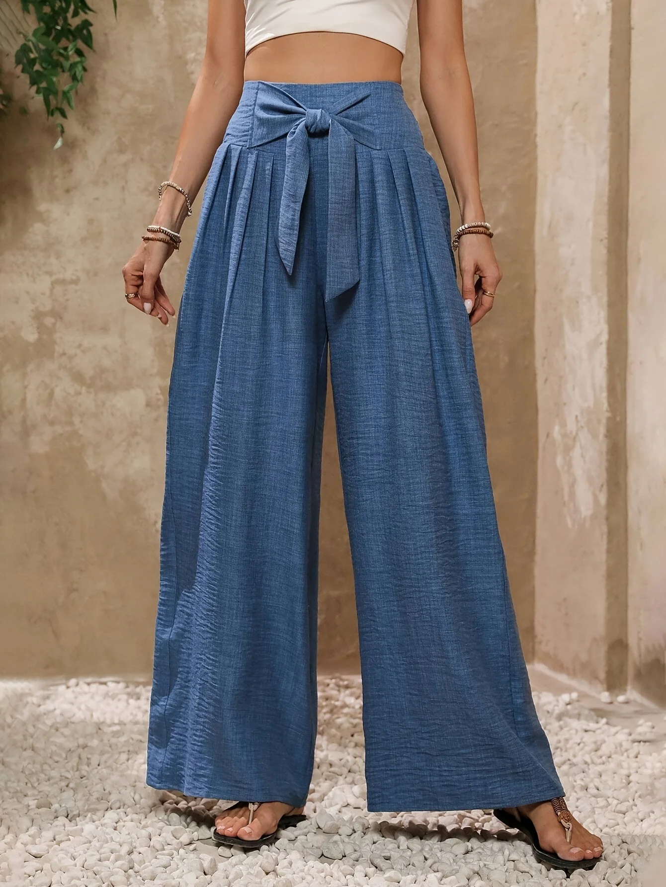 

2025 Summer Beach Pants Women's Pant Lounge Pant Wide Leg Lightweight High Waist Loose Casual Elastic Work Trousers With Pockets