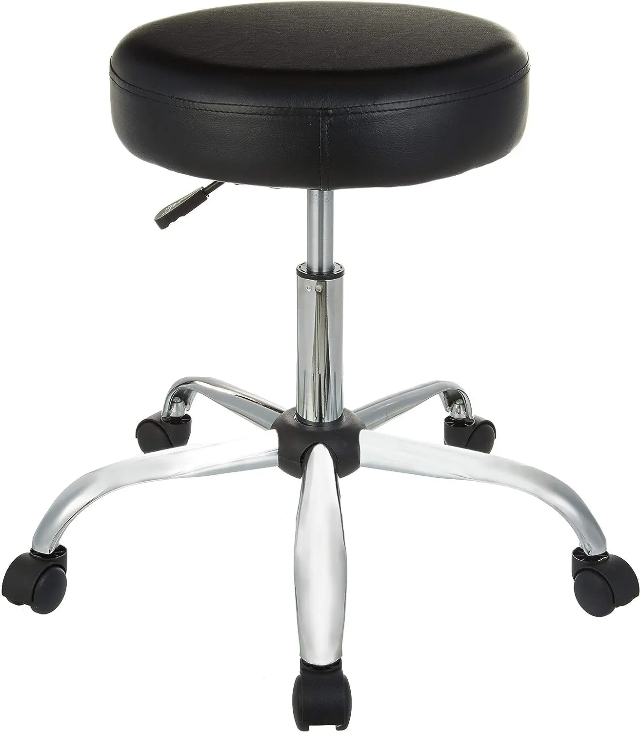 

Adjustable Drafting Stool with Wheels, Swivel Seat, Black Leather Upholstery, Height Adjustable for Home or Office