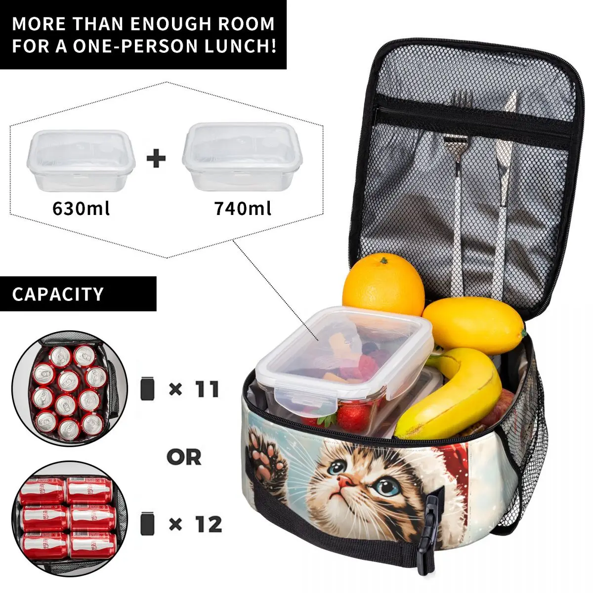 Christmas Kittens Lunch Bag Lunch Box For Women School Portable Zipper Cooler Bag Oxford Graphic Design Thermal Tote Handbags