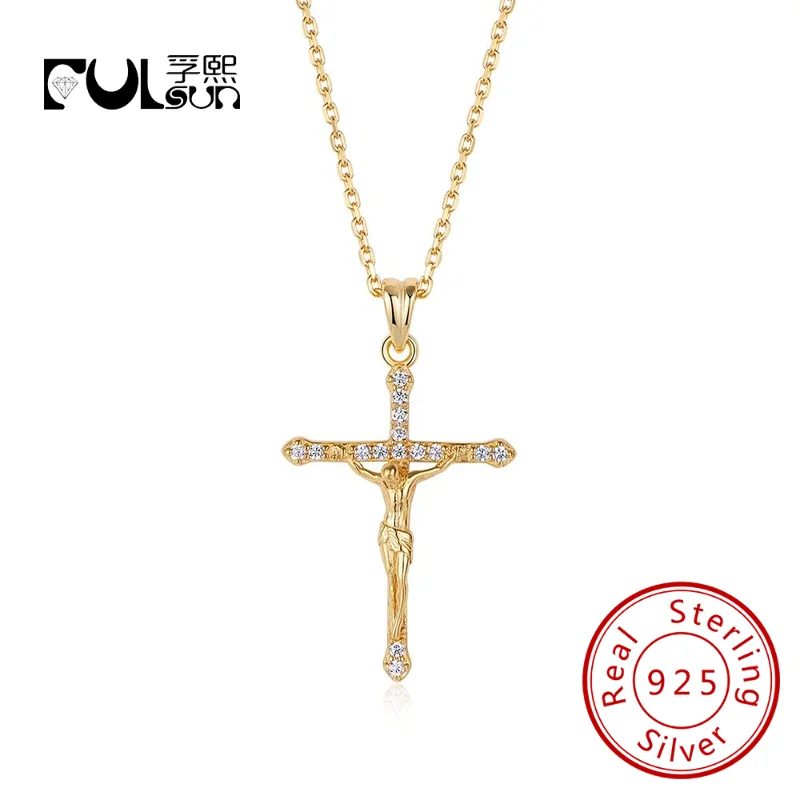 

925 Sterling Silver 14K Gold Plated Medieval Legends Collection Cross Zircon Religious Christian Men Crucifix Pendant Necklace