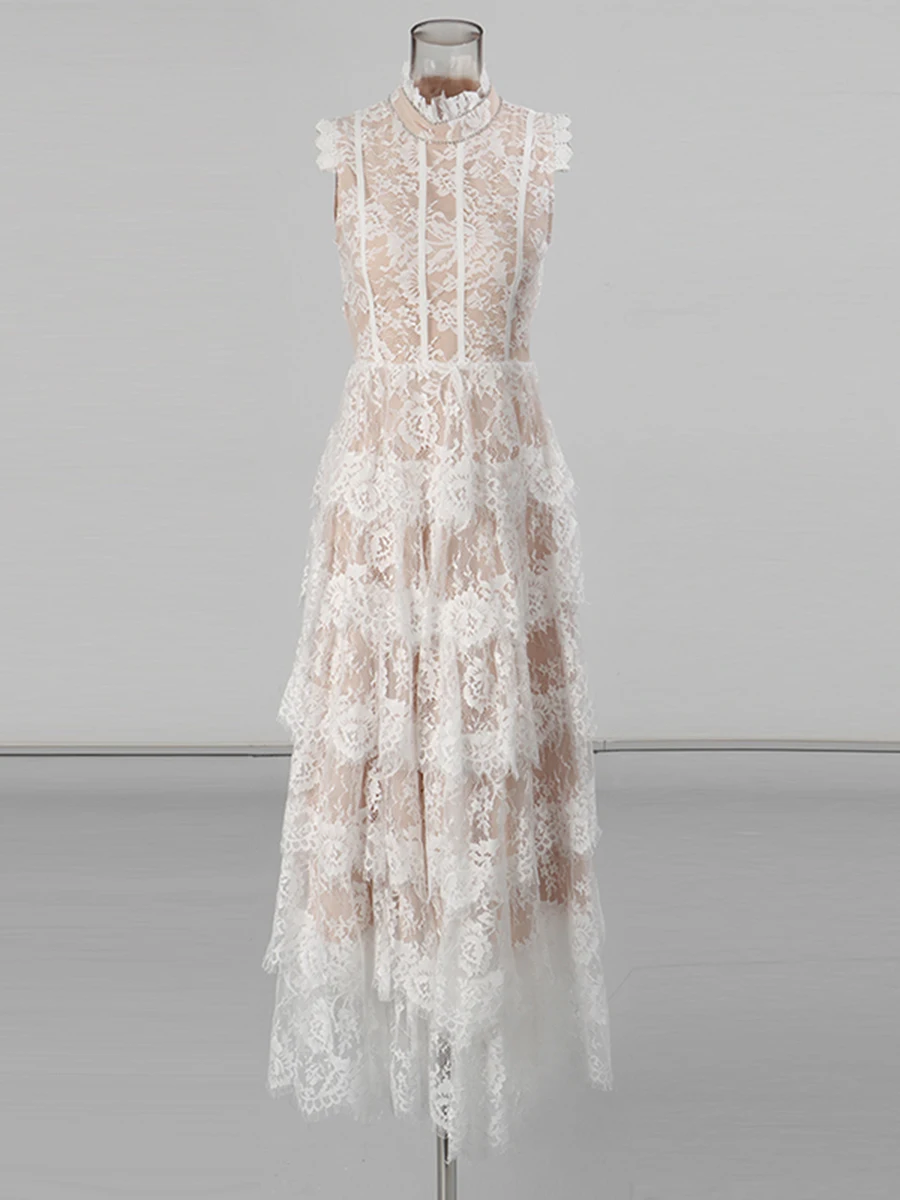 CHICEVER 솔리드 스플 라이스 스태킹 레이스 스위트 드레스 여성 터틀넥 민소매 우아한 여성 드레스 여름 스타일 패션 새로운