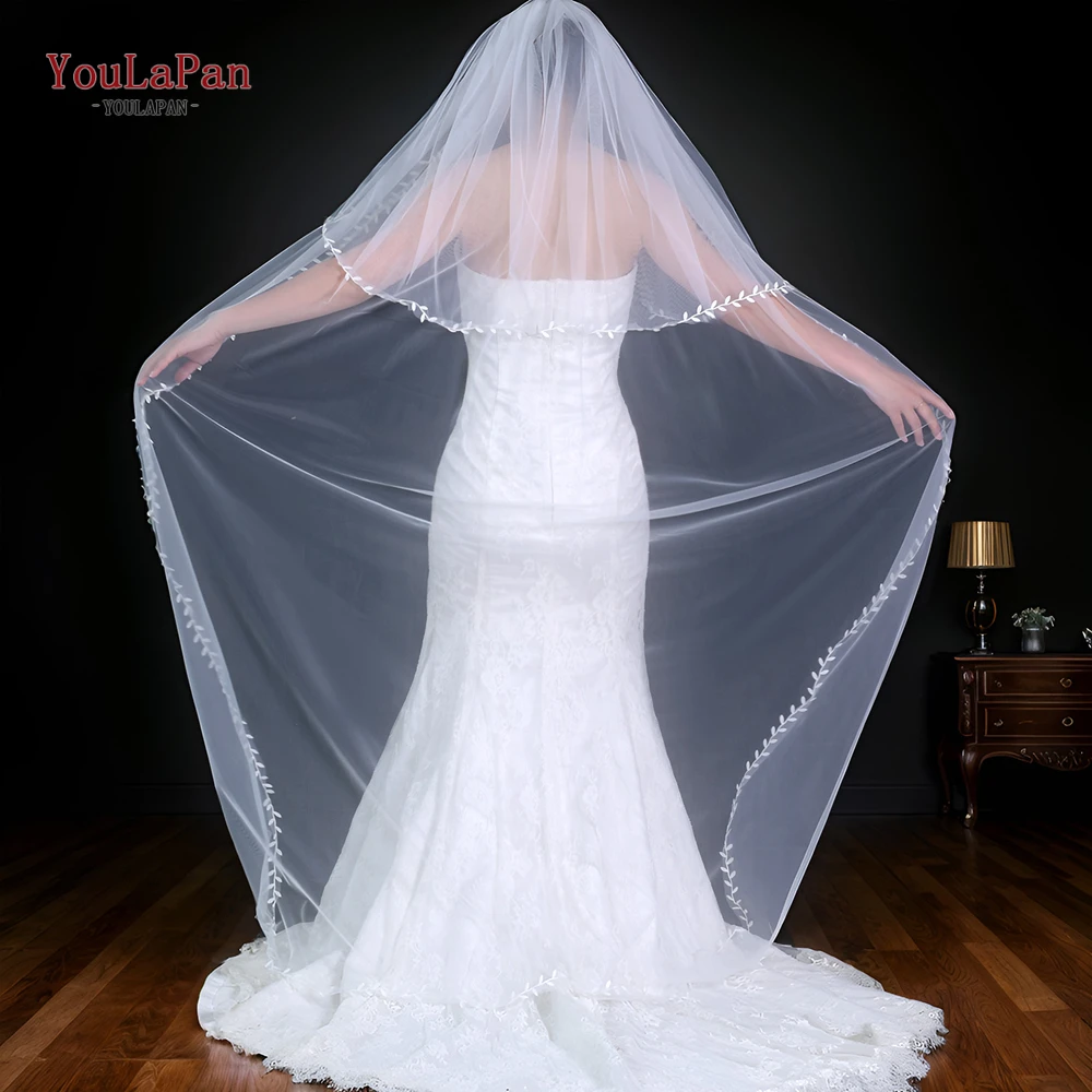 YouLaPan V141 2 Tiers Bridal Veil Elegant Wedding Veil with Blusher French Alencon Lace Cover Front and Back Oval White Bride