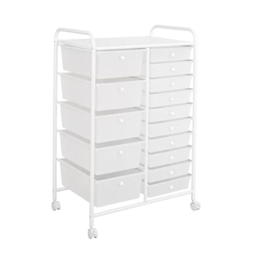 

Rolling Utility Organizer Storage Cart for Home Office School Classroom Scrapbook Hobby Craft 15 Drawer White