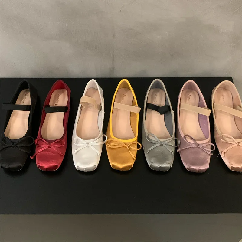 Bailamos Brand Luxury Satin Silk Ballet Shoes Woman Classic Square Toe Bowtie Elastic Band Ballerina Flats Ladies Soft Loafers M