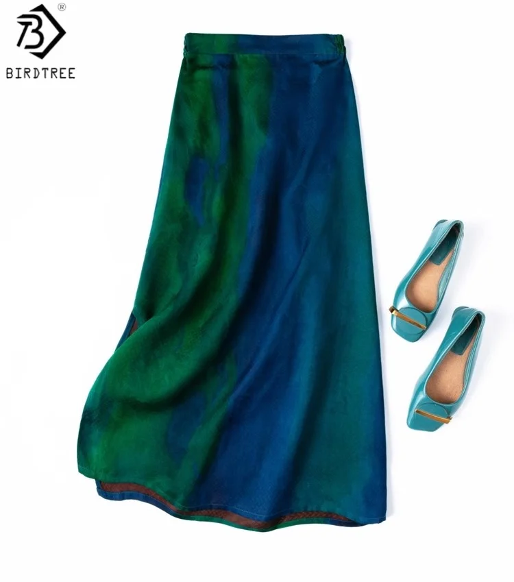 

Birdtree 24MM 100% Mulberry Silk Aurora Skirt,Women Jacquard Satin Elastic Waist Side Slit Straight Dresses,2025 Autumn D58530JF