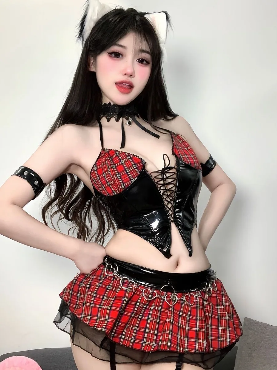 Sexy Patent Leather Hollow Strap PU Leather Anime Temptation Uniform Leather Check Splicing Binding Fashion Two Piece Set  1HLR