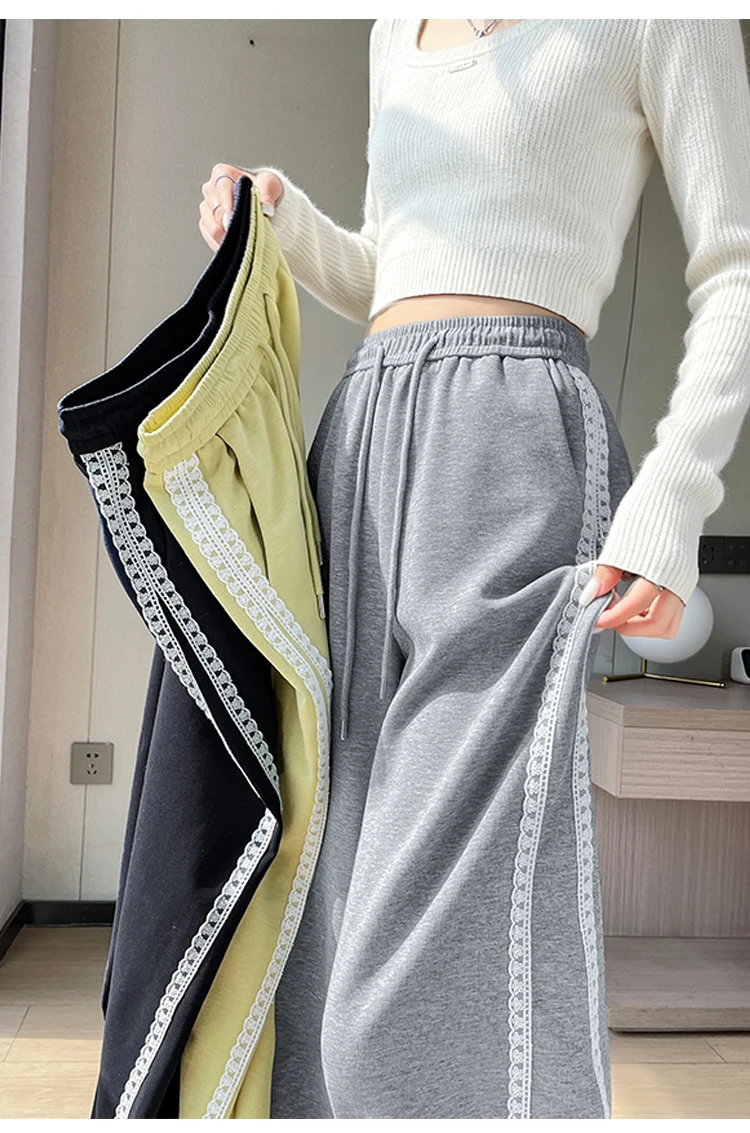 Women's Black Grey Lace Pattern Sweatpants Long Trousers Y2K American Streetwear Harajuku Street Dance Hip Hop Sports Trousers