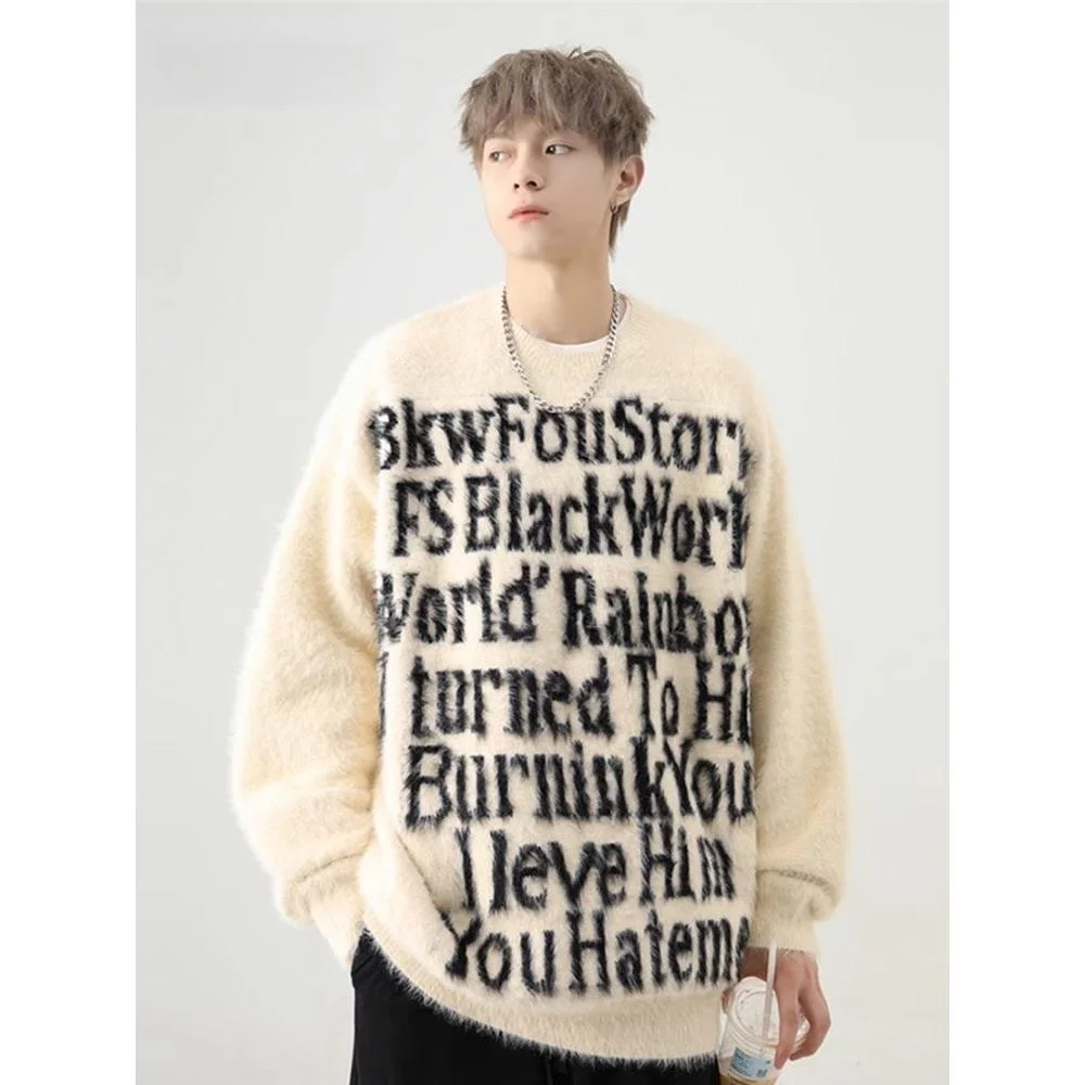 

Американский свитер для пар с вышивкой букв, круглый вырез, вязаный, осенне-зимний, из мягкого полиэстера, повседневный, свободного кроя, топ