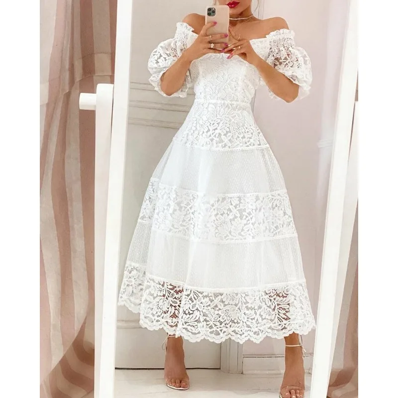 2023 Wedding Long Dresses White Floral Dress Women Summer Elegant Puff Sleeve Slash Neck Dress Lace Stitching Slim Party Prom