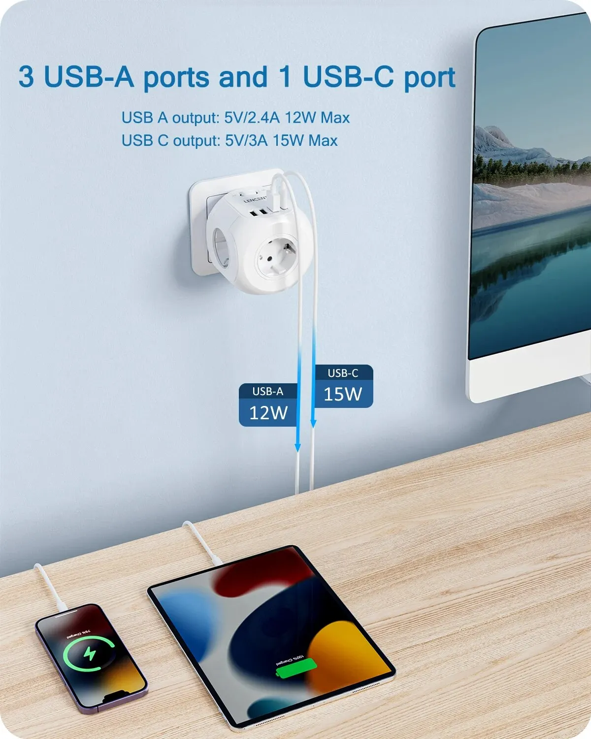 LENCENT-Prolongateur de prise murale EU avec 4 prises AC, 3 USB, 1 adaptateur de chargeur de type C, 5V, 3A, interrupteur marche/arrêt 8 en 1