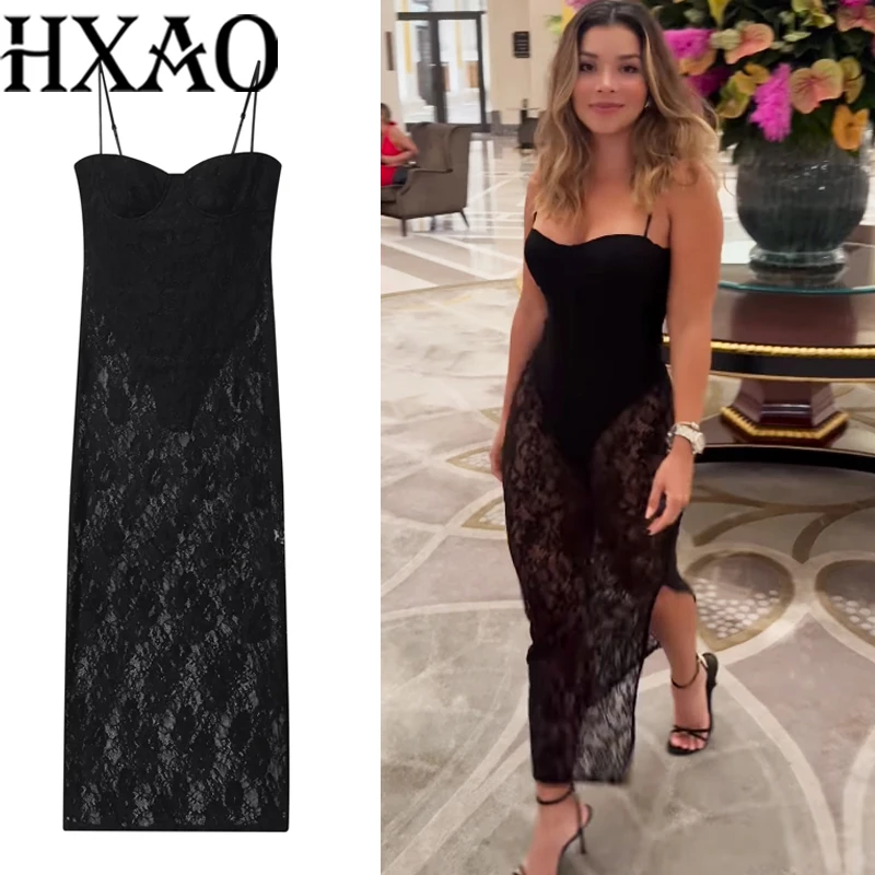 HXAO Abito da donna in pizzo Slip Abiti da festa lunghi Senza maniche Corsetto in tulle Abito nero Abiti eleganti sexy semi trasparenti senza schienale