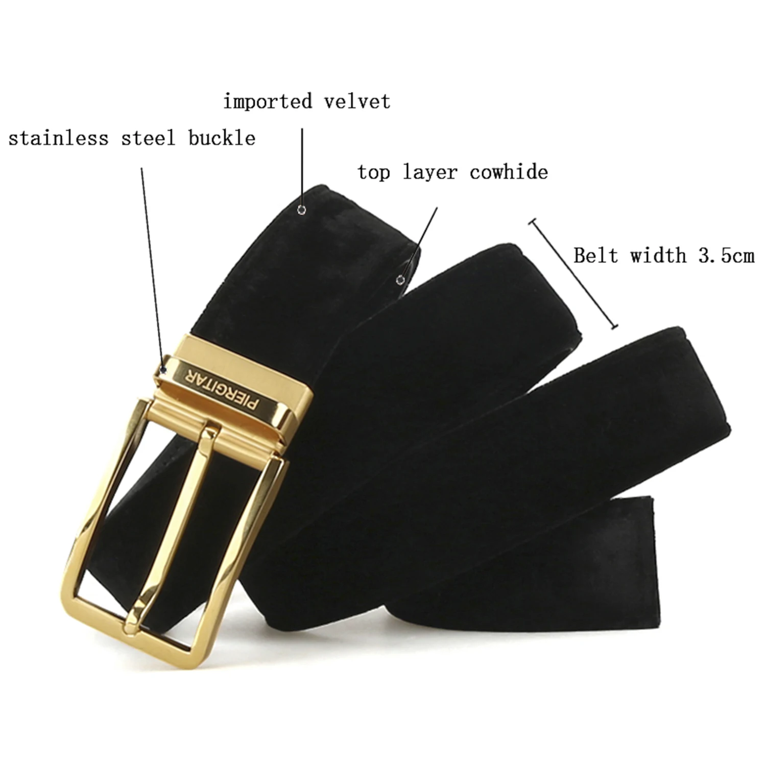 Piergitar Classic Style Black Velvet Men's Belt With Stainless Steel Buckle Match Store Same Velvet Loafers Wear Cowskin Lining