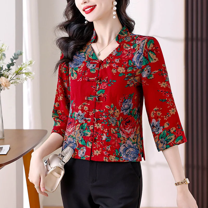 Women Clothing Vintage Chinese Style Chic Button Printing Shirt Summer V-neck Loose Plus Size Cardigan Lady Fashion Elegant Tops