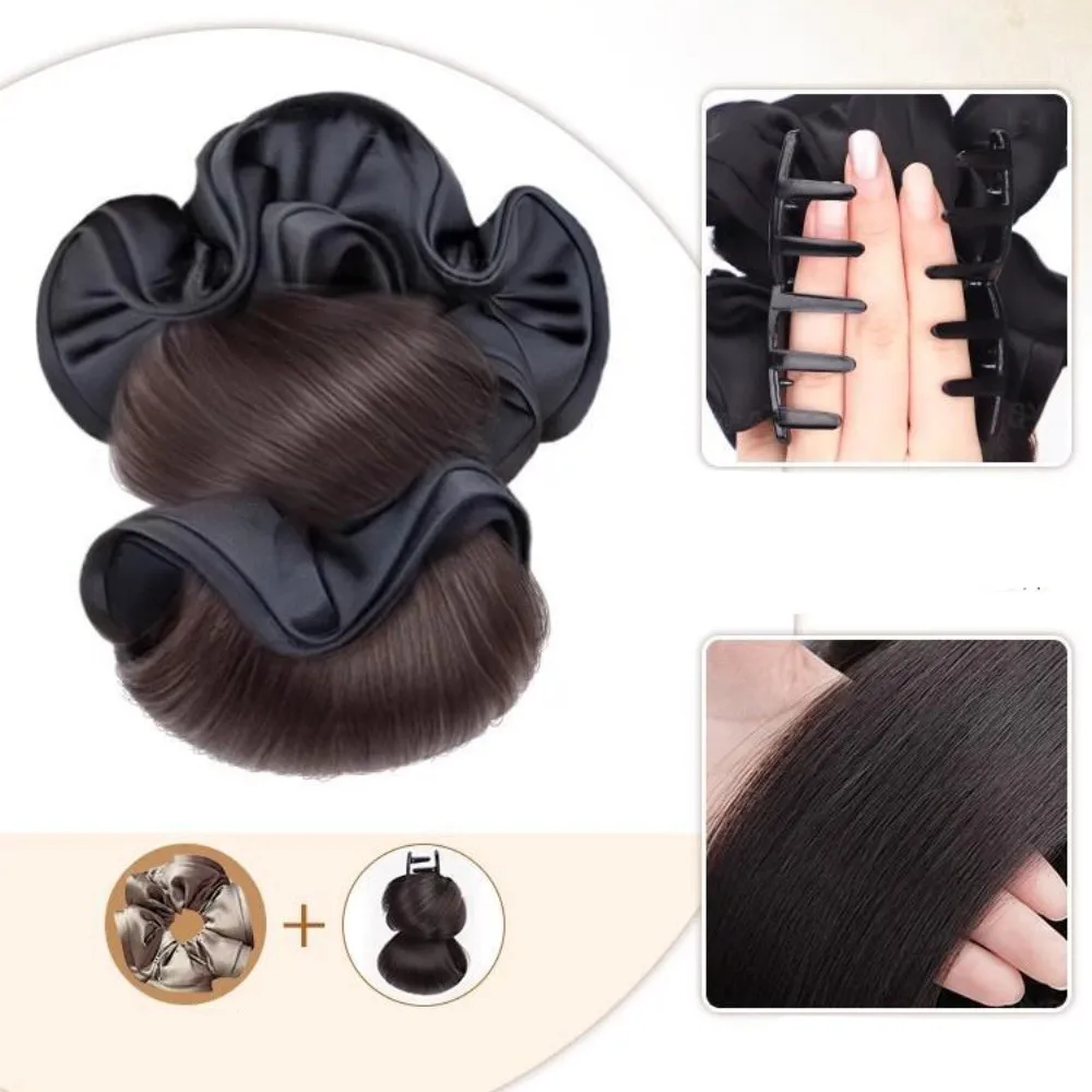 Parrucca sintetica per capelli con intestino crasso nero, parrucca con testa di panino, accessori per capelli con parrucca con testa di bocciolo di fiore da donna alla moda ed elegante
