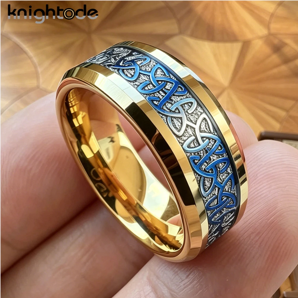 Knightode 8mm Blue Celtic Claddagh Tungsten Rings White Meteorite Inlay Wedding Band for Men Engagement Ring Comfort Fit
