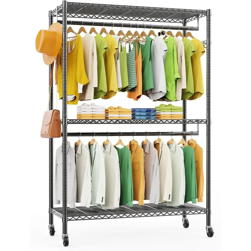 

G1L 3 Tiers Garment Rack with Storage Shelves, Heavy Duty Rolling Free-Standing Clothing Rack Closet Organizer