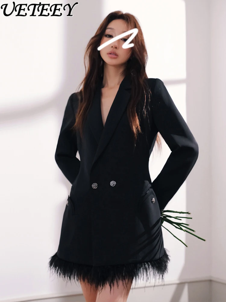 

Socialite Style Backless Waist Trimming Mid-Length Suit Coat Female Black Heavy Industry Ostrich Feather Rhinestone Dress