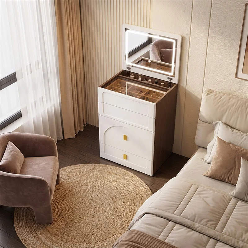 e*-50/60cm Vanity Table with LED Mirror Small Apartment Bedroom Furniture Creative Flip Top Dressing Table Nightstand ^