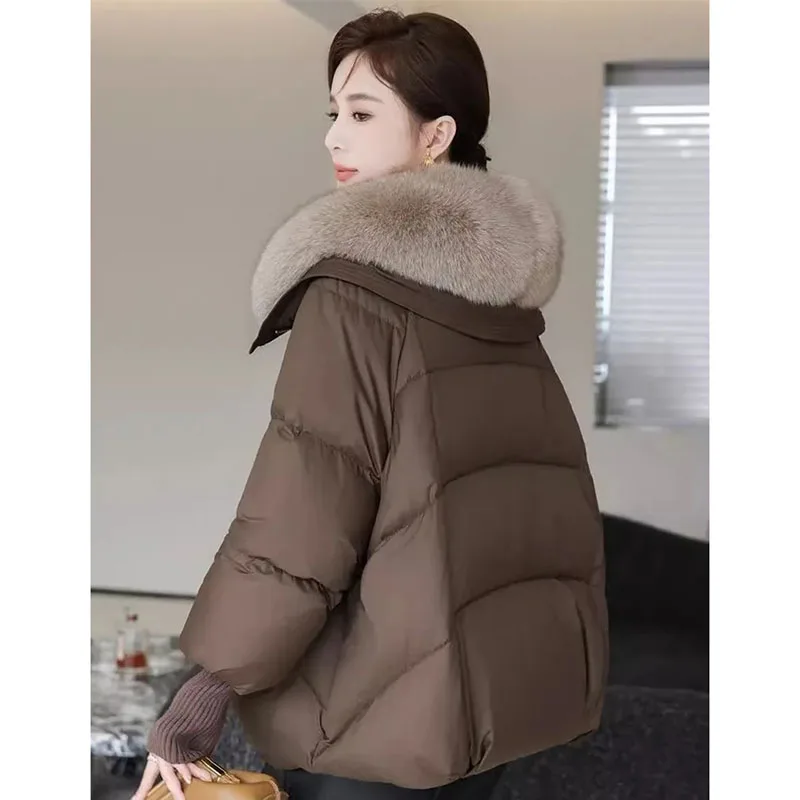 Autumn Winter Lady Thicken Parkas Jacket 2025 Women Leisure Big Fur Collar Puffer Coat Korean Female Loose Down Cotton Outwear