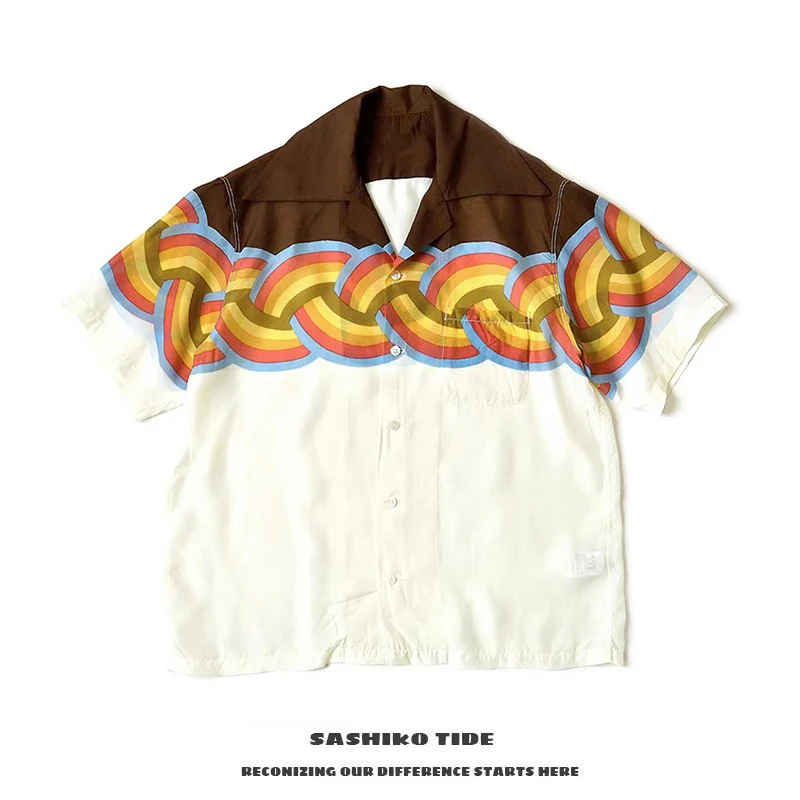 

KAPITAL 22SS Harada Hiroaki, рубашка с короткими рукавами в японском стиле, свободного кроя, из искусственного шелка, с радужными волнообразными цветовыми блоками, молодежная, летняя, тонкая.