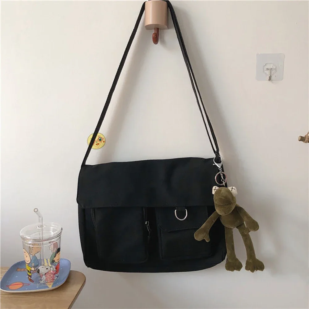 Canvas Diagonal Cross Bag Youth Casual Shoulder Bag Large Capacity Messenger Bags Solid Color Women\'s Handbag with Pendant