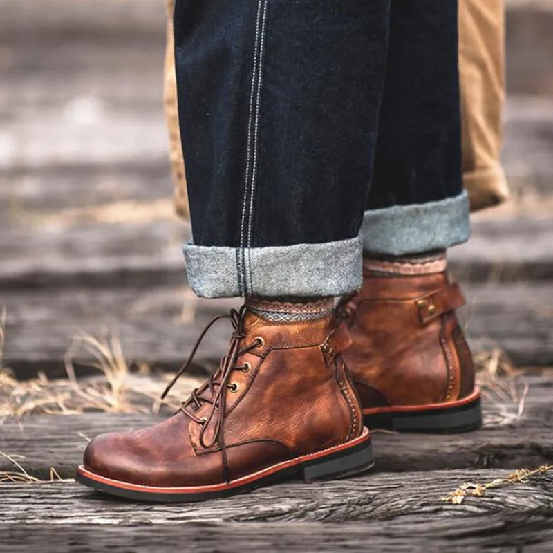 Fashion Men's Leather Boots High Comfortable Shoes Color Matching Thick Bottom Casual Retro Boots Cowboy Botas Large Size 38-48 - view 6