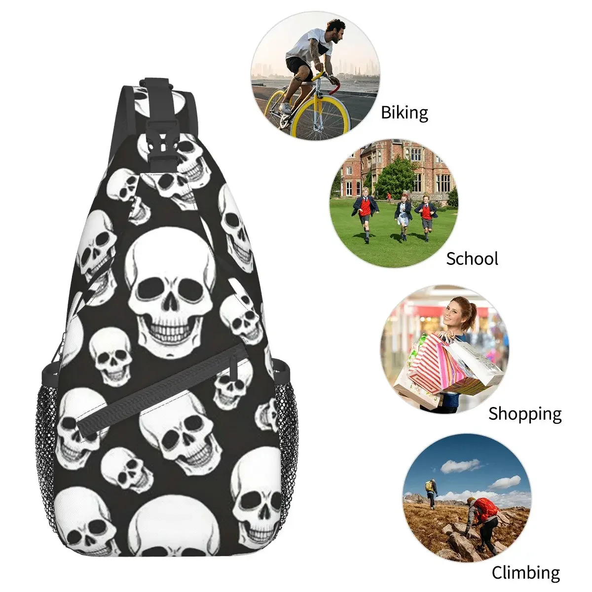 Gothic Death Skull Crossbody Sling Bags Small Chest Bag Shoulder Backpack Daypack for Hiking Outdoor Cycling Satchel