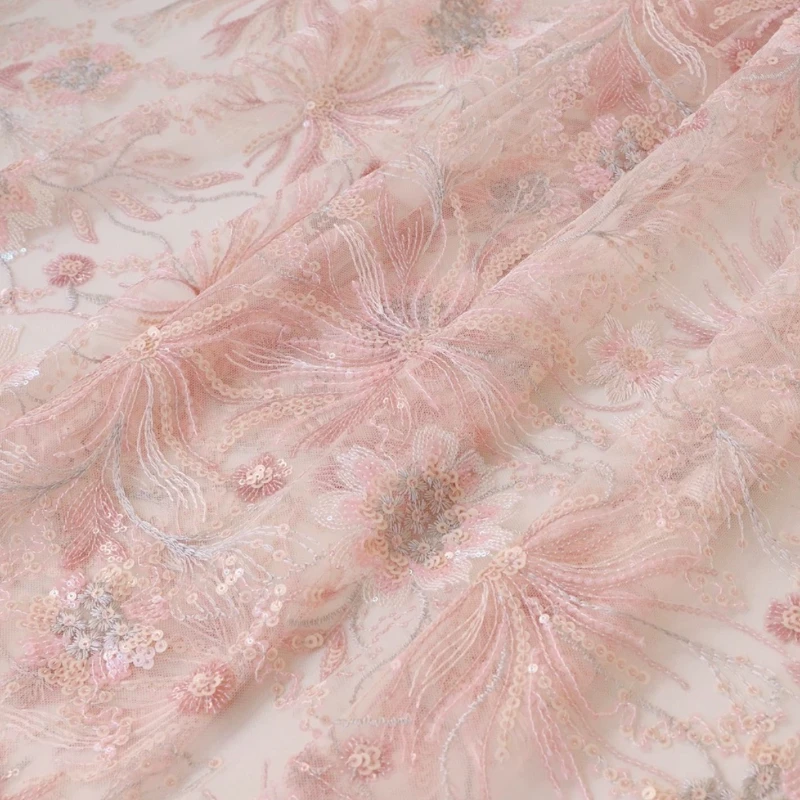 Soft Pink Shiny Embroidered Mesh Lace Fabric for Wedding Dresses and Clothing Accessories Designer Fabric By The Meter