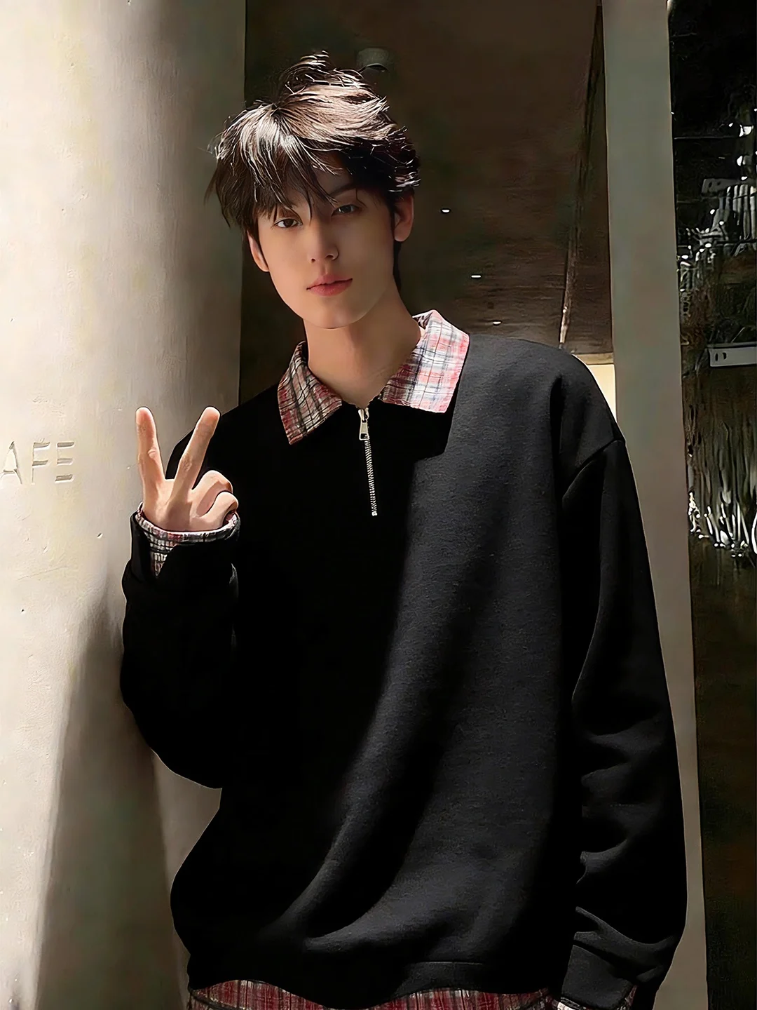 

Men's irt Collar Sweatirt Spring Season Plaid Splicing Correct oulder Long Sve T-irt High-End Feel f Zip S...