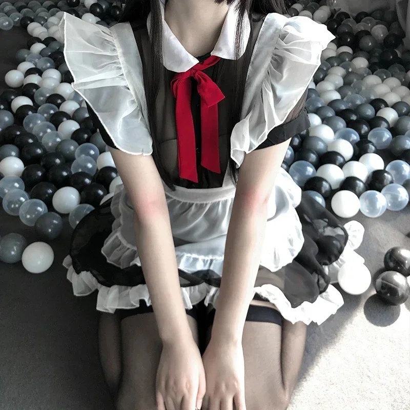 Traje de sirvienta Lolita, uniforme, lencería Sexy para mujer, vestido de sirvienta transparente, delantal francés con bragas, conjunto de disfraz de Cosplay
