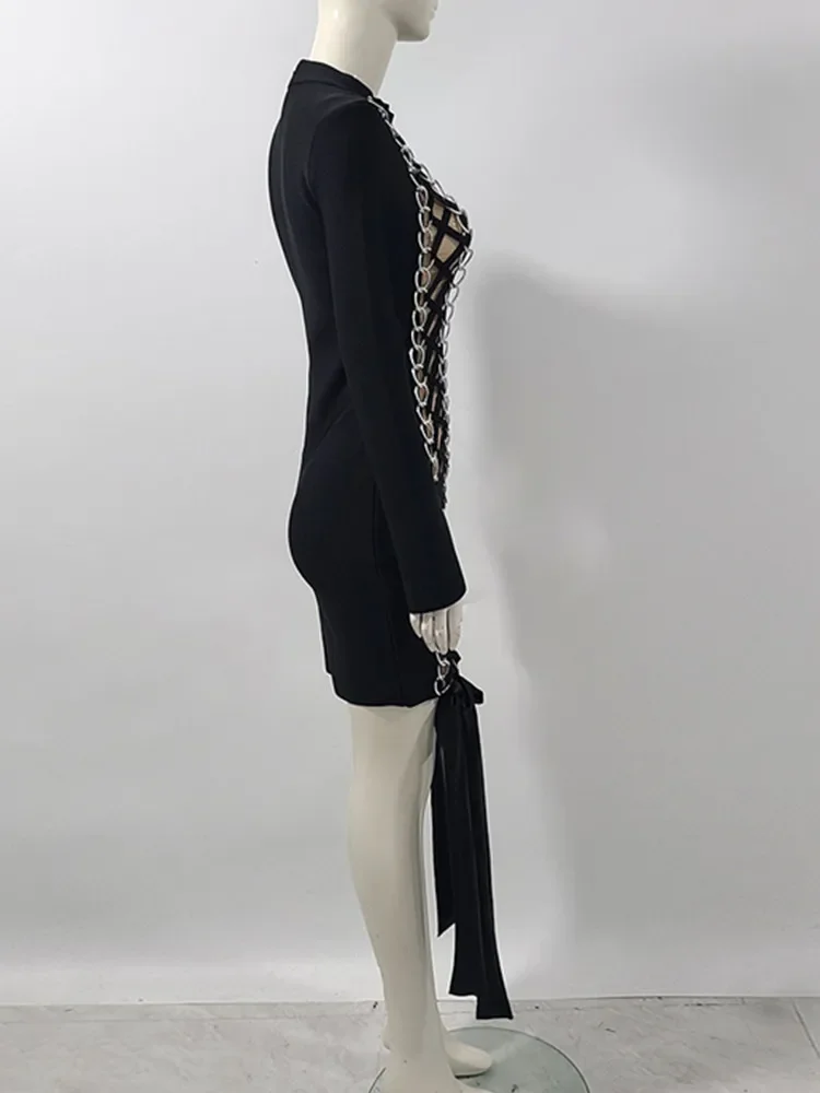 2025 nouvelles femmes célébrité Sexy à manches longues à lacets noir Mini moulante robe de pansement élégant soirée Club tenue de fête