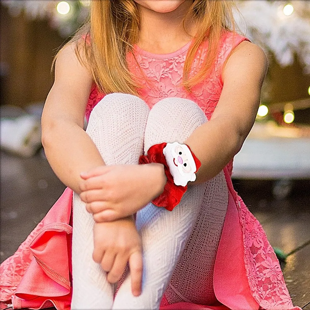 Christmas Hair Scrunchies – 3 Pcs Silk Elastic Bands with Tree, Santa & Elk Print – Red Green Brown Checkered