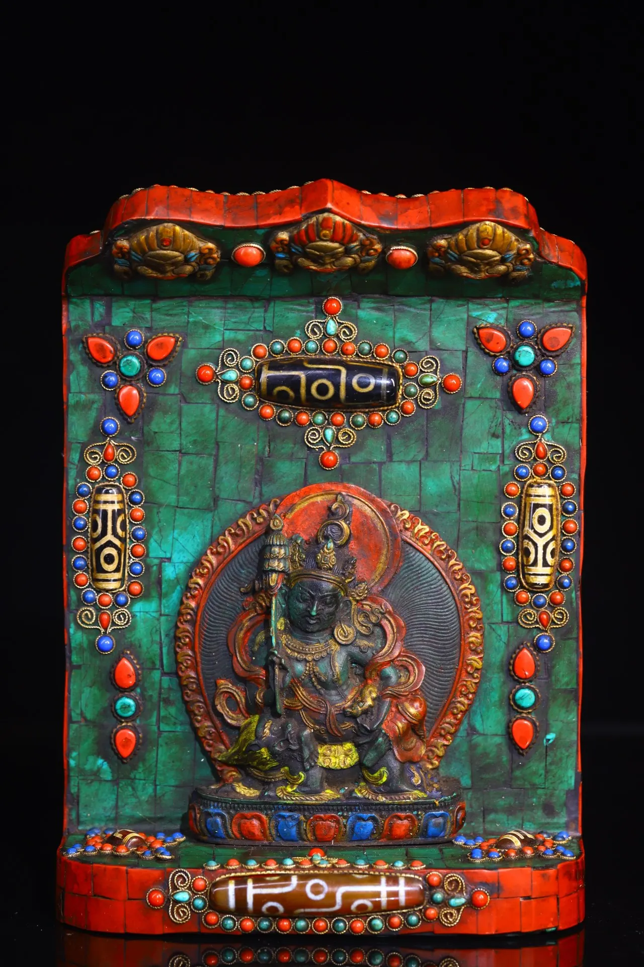 

9"Tibetan Temple Collection Old Bronze Painted Mosaic Gem gZi Beads Vaisravana Buddha Treasure King Buddhist Niche Worship Hall