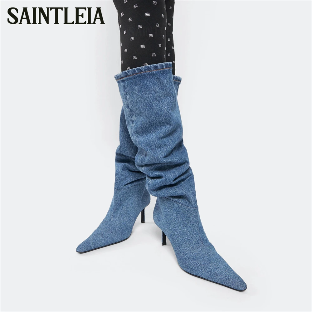 

Denim Slouch Pleated Boots Pointed Toe Pull on Stiletto Boots Designer Fashion Style Handmade Customizable Multiple Colors