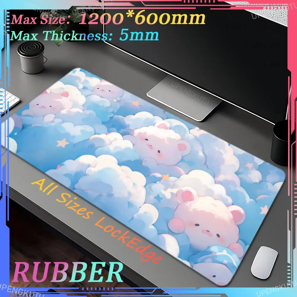 Cute cartoon bear XXL mousepad 1200X600X5MM blue cloud color oversized computer keyboard pad rubber desk pad lock edge mouse pad