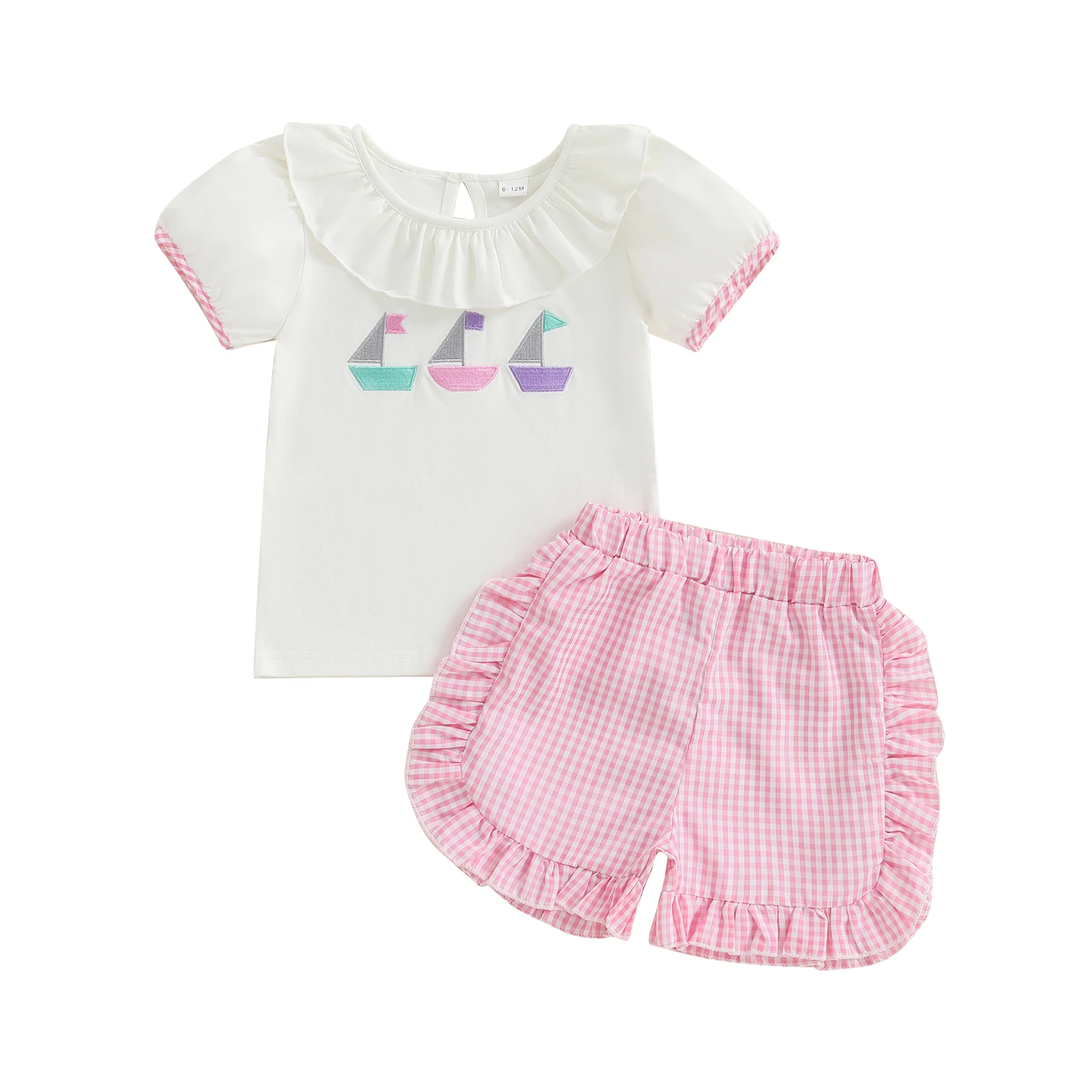 

Toddler Girls Summer Outfit Sailboat Pattern Short Sleeves T-Shirt and Plaid Ruffles Shorts Set Cute 2 Piece Clothes