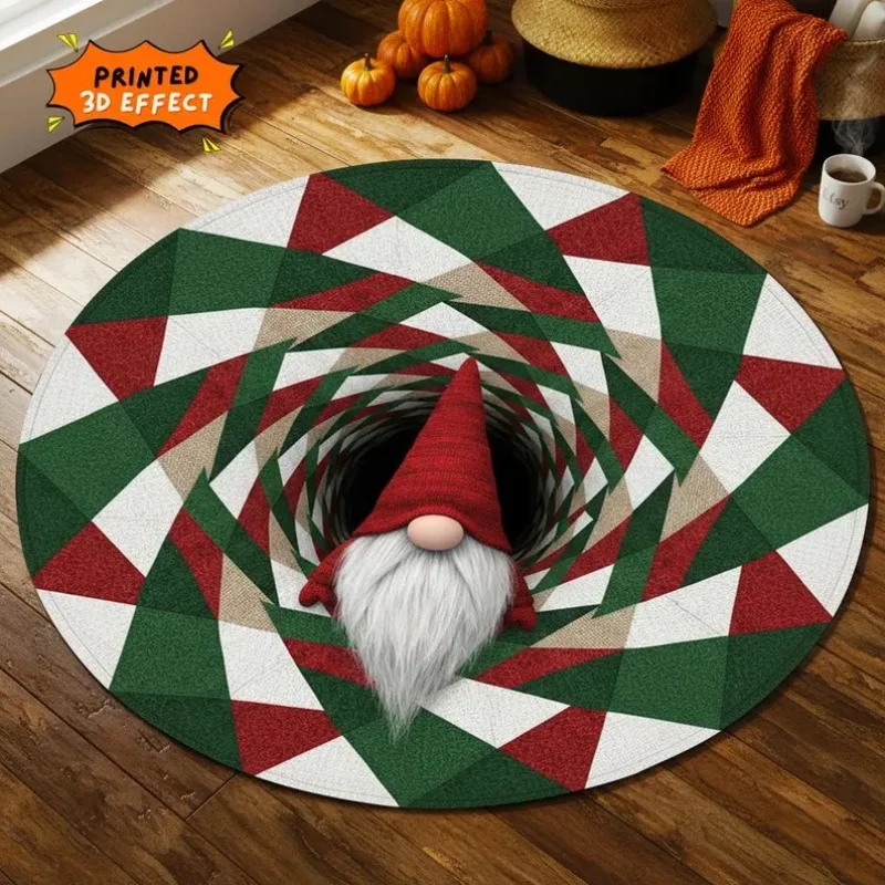 Weihnachtszwerg 3D Illusion Teppich Festlicher geometrischer runder Teppich Niedlicher nordischer Zwerg Bodenmatte Weihnachtsgeschenk Home Decor