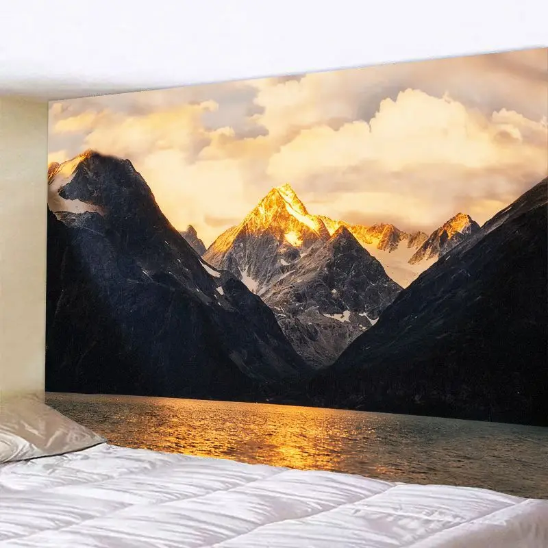 VIKAMA Minimalist Dawn Alpine Tapestry - Golden Light Snow Mountain Calm Lake