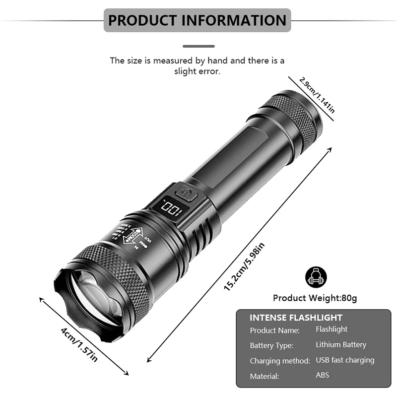 Torcia LED ultra luminosa 2000LM Tipo-C Torcia tattica ricaricabile con zoom a lungo raggio Lanterna da pesca da campeggio di emergenza esterna