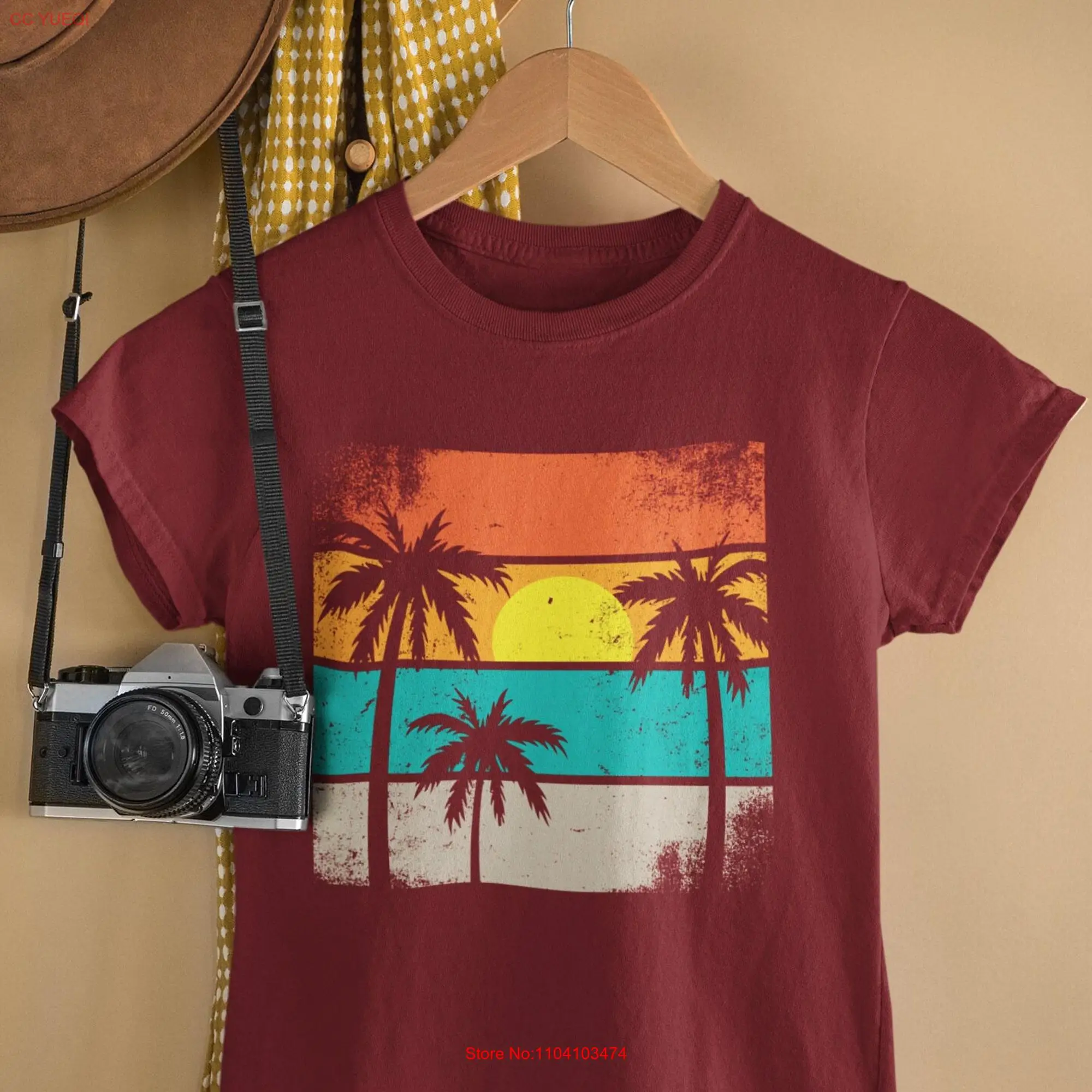 Vintage Tropical Sunset Summer T Shirt Retro Palm Tree Colorful Glitch Nature Beach Cute  long or short sleeves