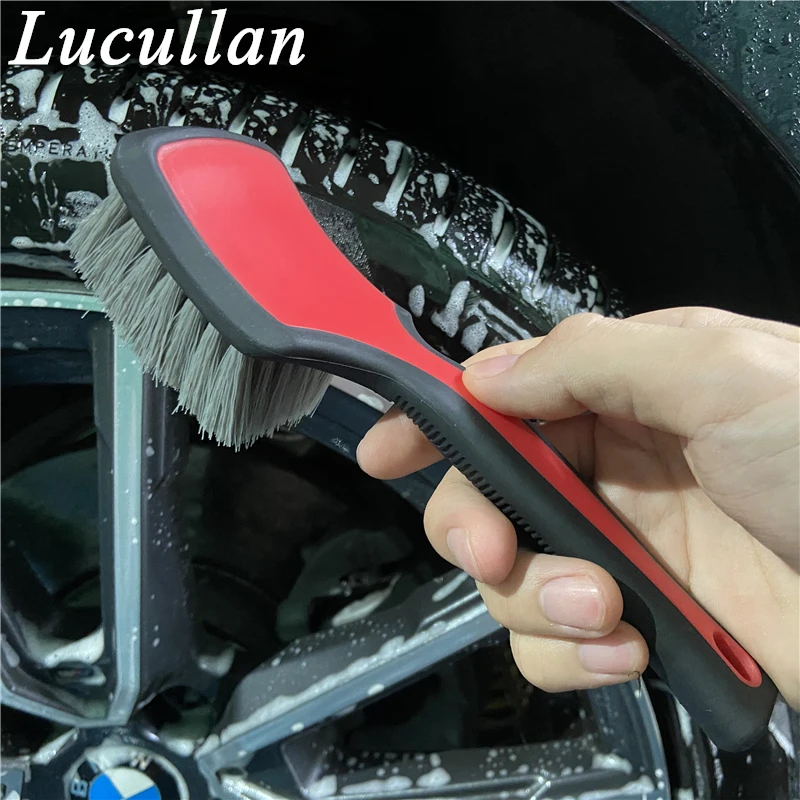 Lucullan Ergonomic All Rubber Cover No Scratch Non-slip Short Handle Tire Scrub Tools Car Wheels Cleaning Brushes