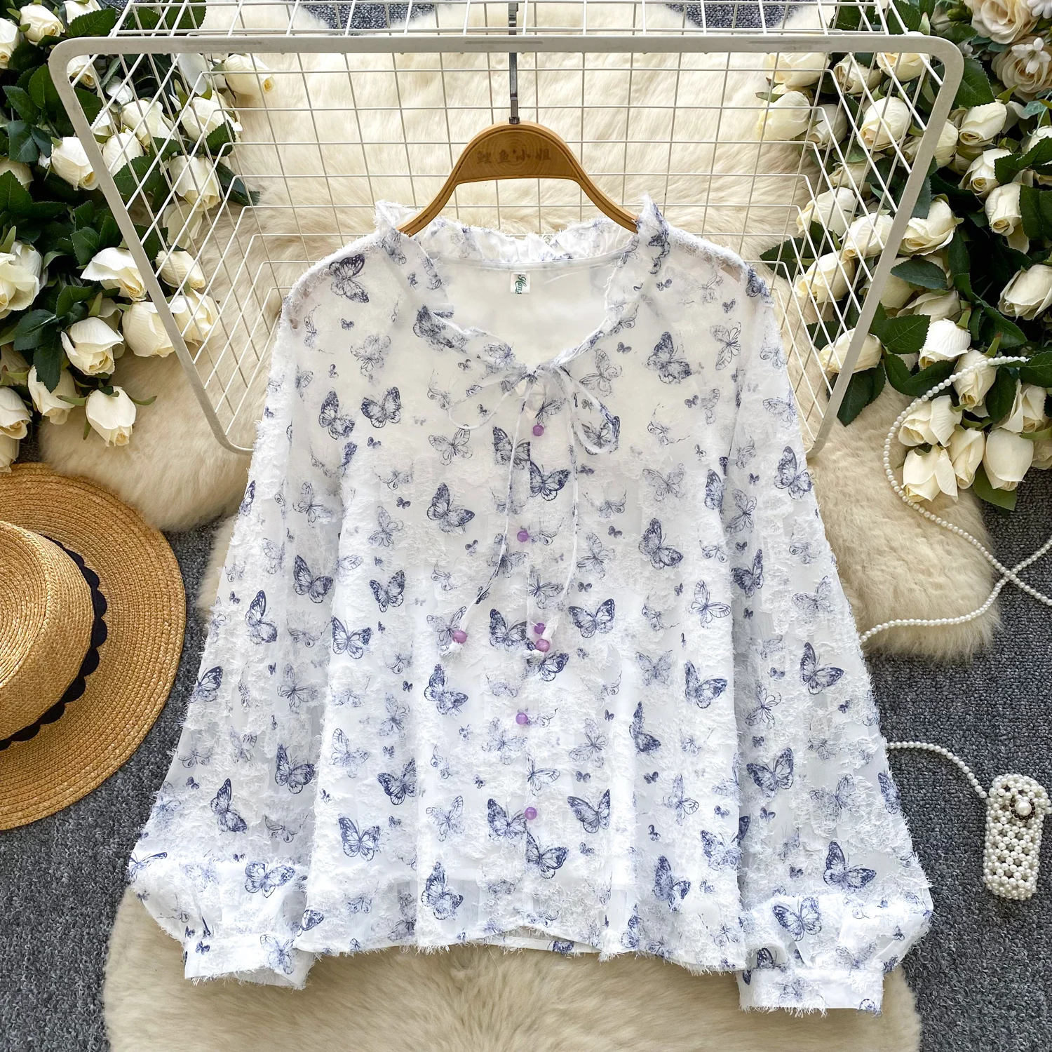 

Элегантный сексуальный свободный топ с длинными рукавами-фонариками и бабочкой, женская корейская модная уличная осенняя одежда