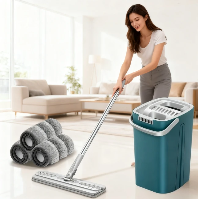 Self-washing Flat Floor Mop and Bucket Set Kitchen Household Cleaning Tool Microfiber Wiper Magic Extendable Wet Dry Daily Use