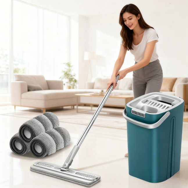  Self-washing Flat Floor Mop and Bucket Set Kitchen Household Cleaning Tool Microfiber Wiper Magic Extendable Wet Dry Daily Use 